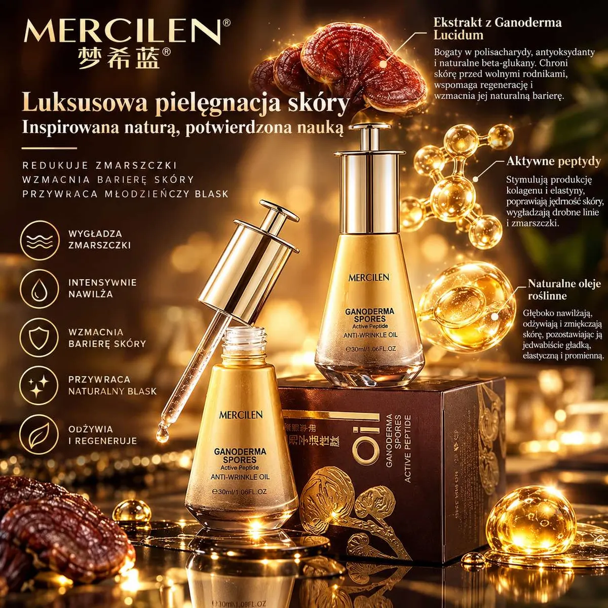 Złocisty olejek Mercilen Ganoderma Spores 30ml z pipetą i opakowaniem na tle złotych dekoracji