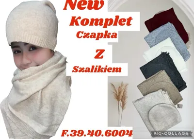 Komplet zimowy beżowa czapka i szeroki szalik w melanżowym odcieniu beżu