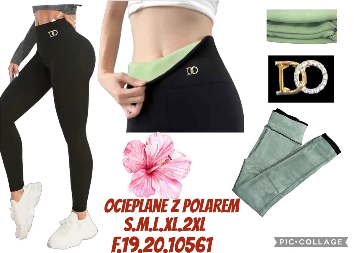 Czarne legginsy damskie z wysokim stanem i zielonym ociepleniem z polaru, złota ozdobna klamra