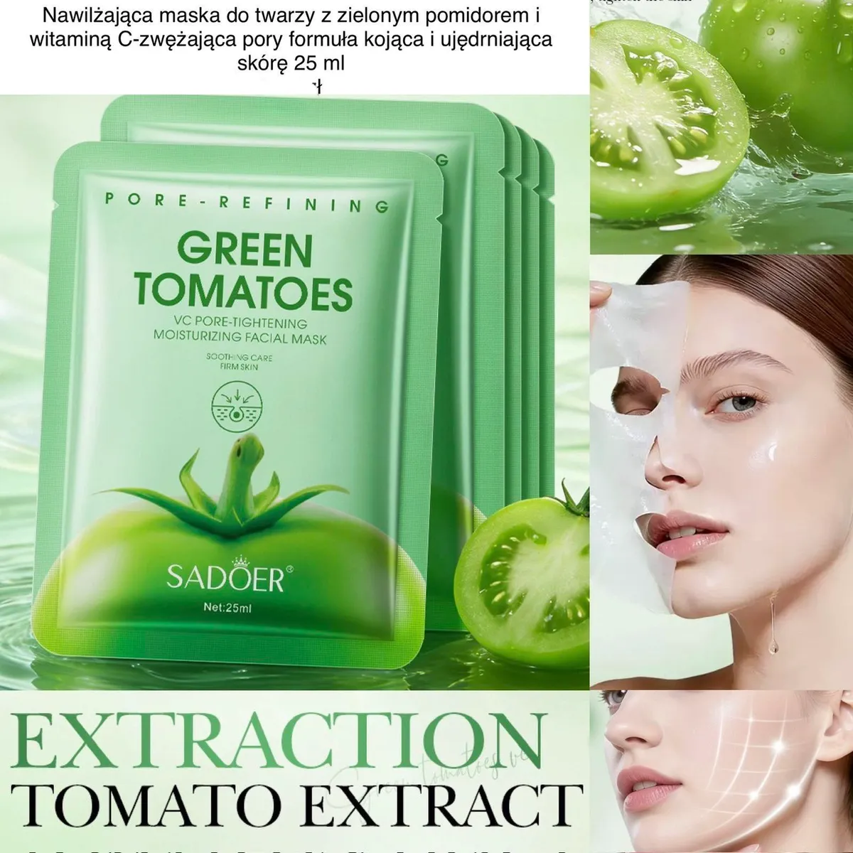 zielona maska do twarzy z grafiką zielonego pomidora i modelką z nałożoną maską