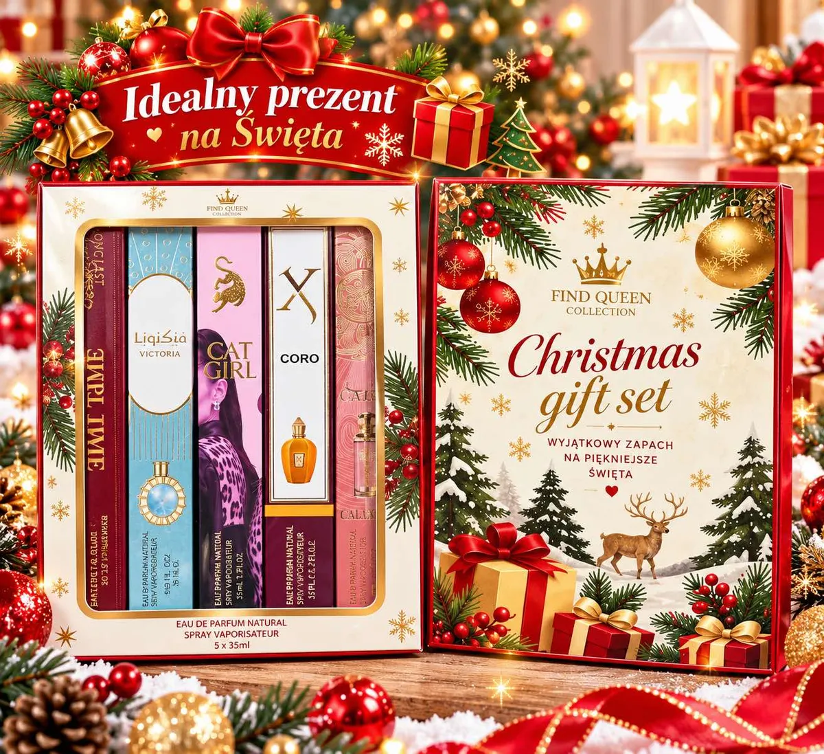 Zestaw 5 perfumetek 35 ml w świątecznym opakowaniu z motywem choinek i prezentów