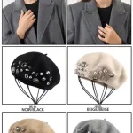 Beret damski z ozdobnymi kryształkami szary, beżowy, czarny, taupe