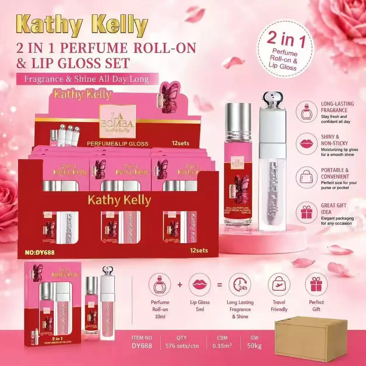 Zestaw kosmetyczny Kathy Kelly 2w1 perfum roll-on i błyszczyk do ust w różowym opakowaniu