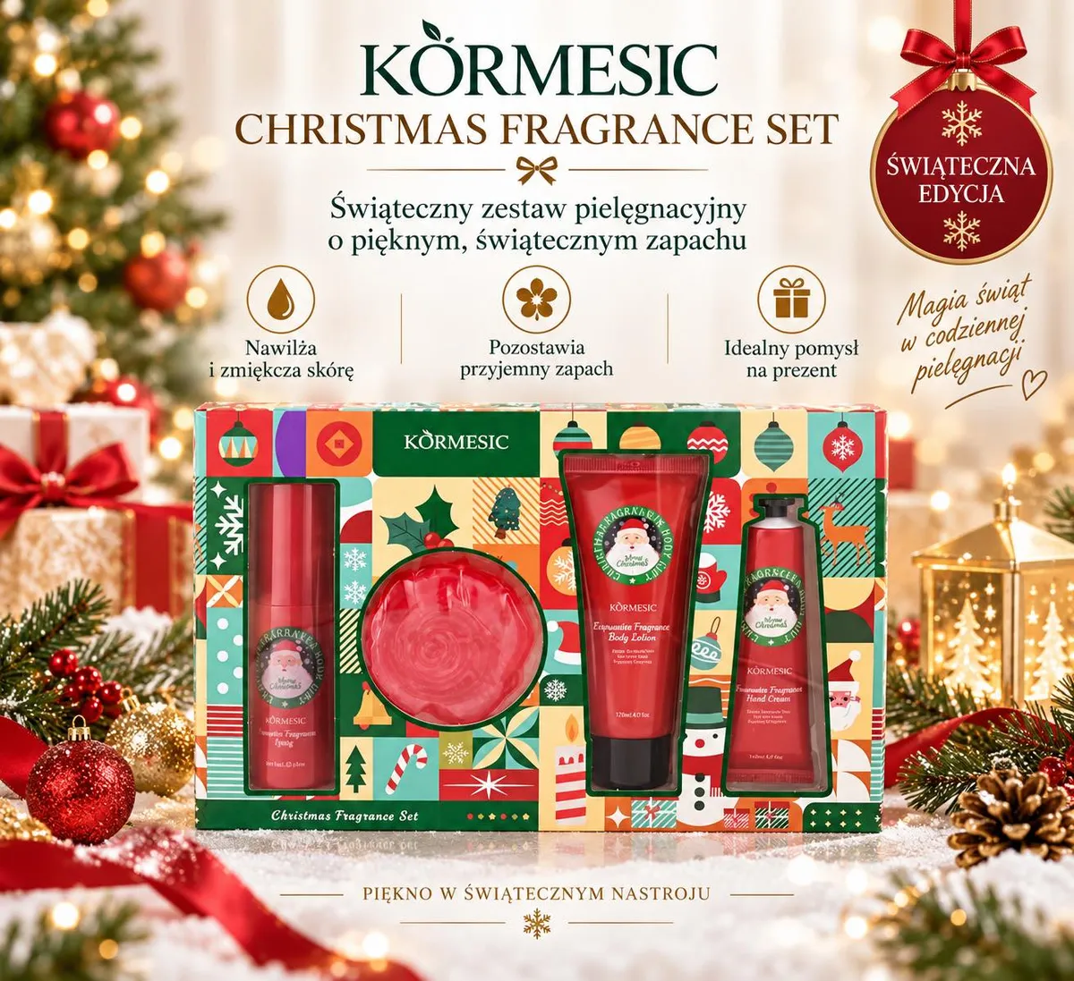 Świąteczny zestaw kosmetyków Körmesic z perfumami, kremem do rąk, balsamem i mydłem w kolorowym opakowaniu