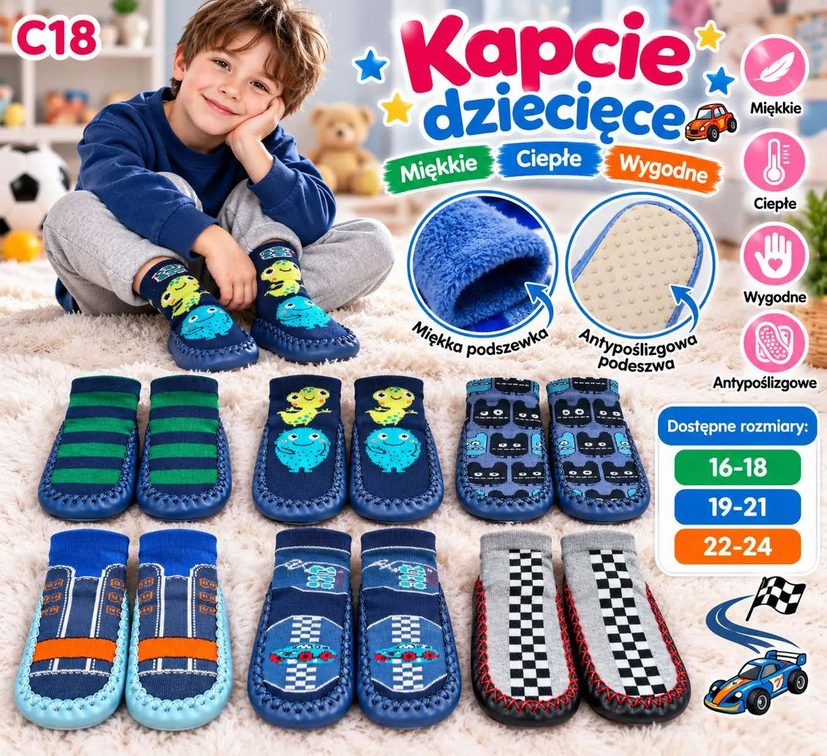 dziecko w granatowych kapciach dziecięcych z miękką podszewką i antypoślizgową podeszwą, różne wzory kapci