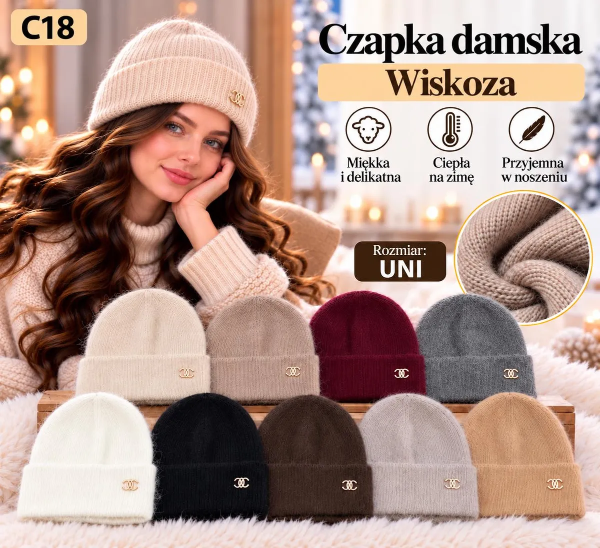 Czapki damskie z wiskozy w różnych kolorach, miękkie i ciepłe, model na głowie kobiety
