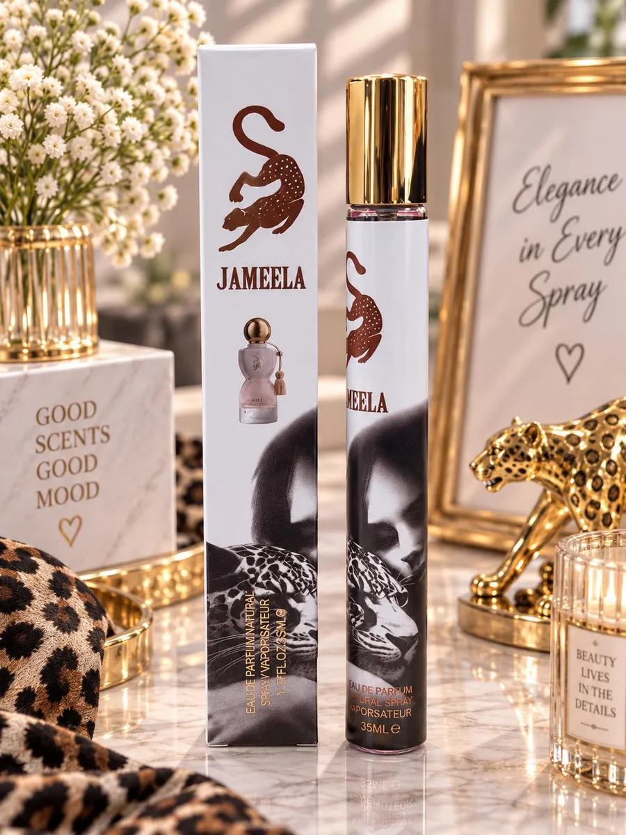Perfumetka JAMEELA 35ml z białym flakonem, złotą nakrętką i grafiką lamparta na marmurowym blacie