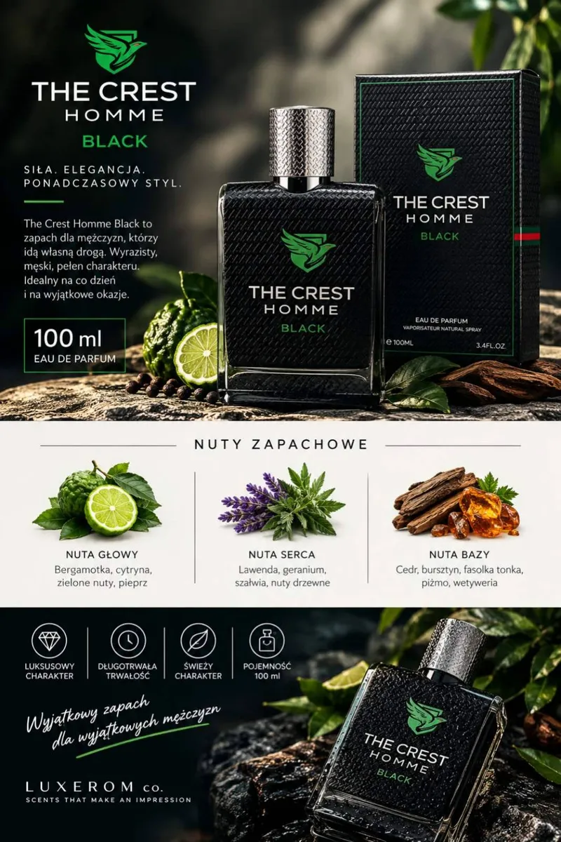 Czarny flakon perfum The Crest Homme Black 100 ml z zielonym logo i srebrną nakrętką