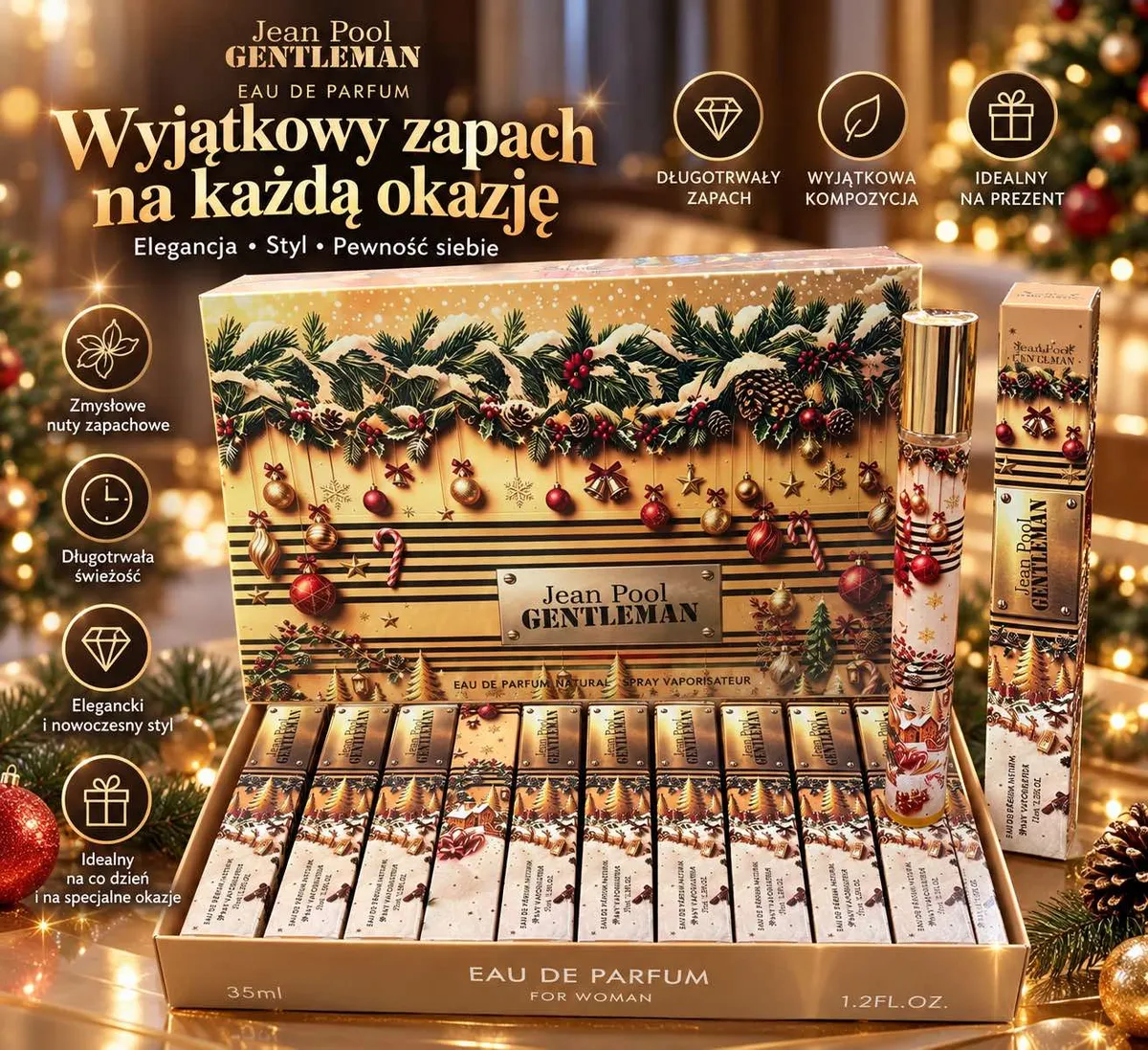 Złote opakowanie perfumetek Jean Pool Gentleman 35ml z motywem świątecznym i choinkowymi dekoracjami