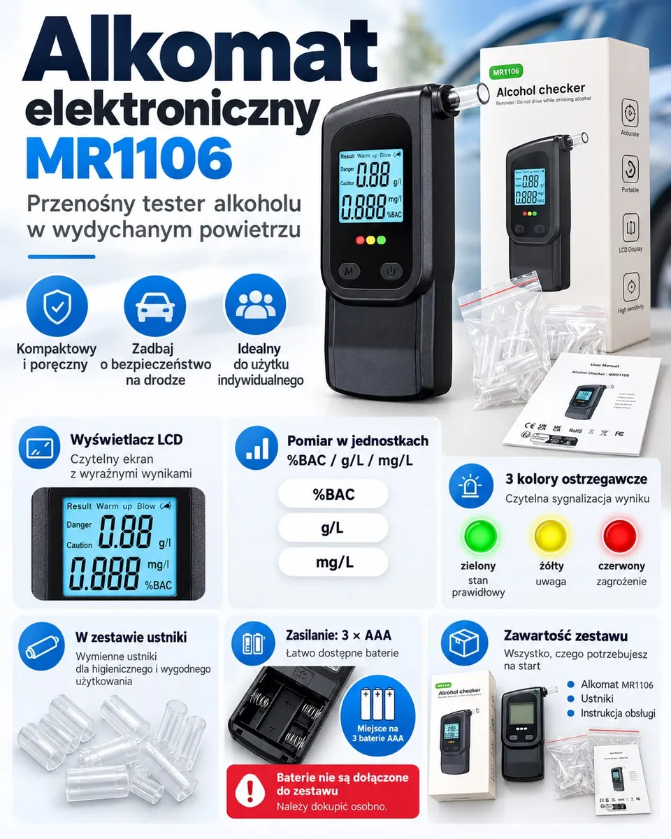 Czarny elektroniczny alkomat MR1106 z podświetlanym wyświetlaczem LCD, ustniki i opakowanie