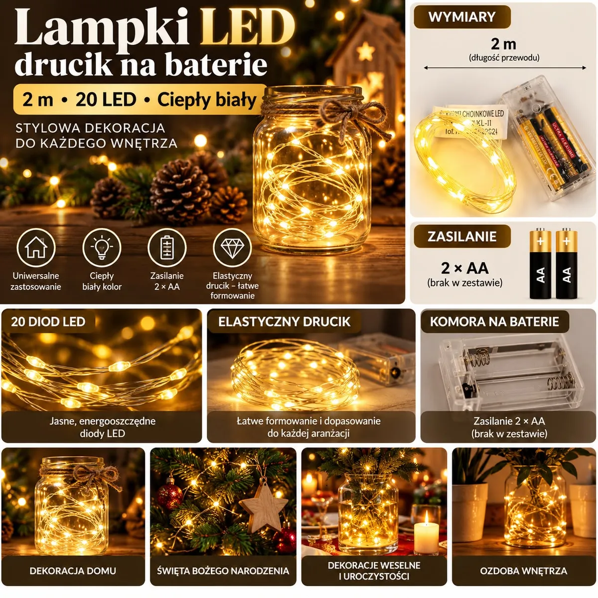 Lampki LED na druciku 2 m z 20 ciepłymi białymi diodami i transparentnym przewodem, zasilane bateriami AA