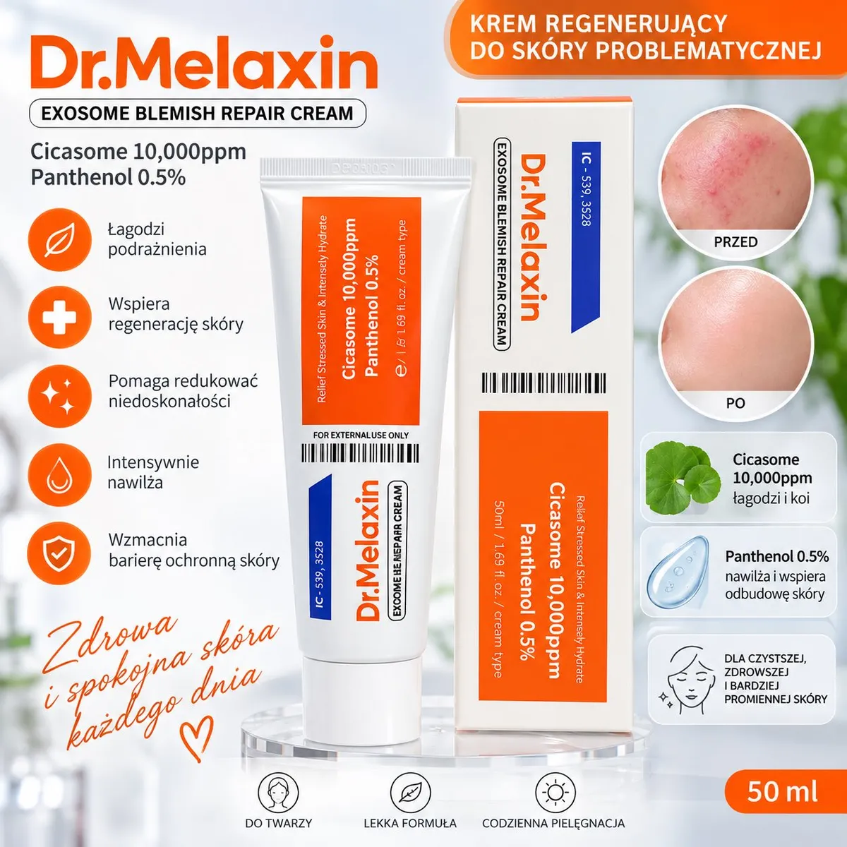 tuba kremu Dr.Melaxin 50 ml i opakowanie z opisem właściwości oraz zdjęcia skóry przed i po