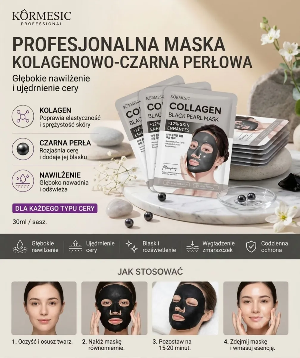 Opakowania profesjonalnej czarnej perłowej maski kolagenowej Kormesic oraz modelka z nałożoną maską