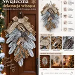Świąteczna dekoracja wisząca z oszronionymi gałązkami i złotą kokardą 42x30 cm