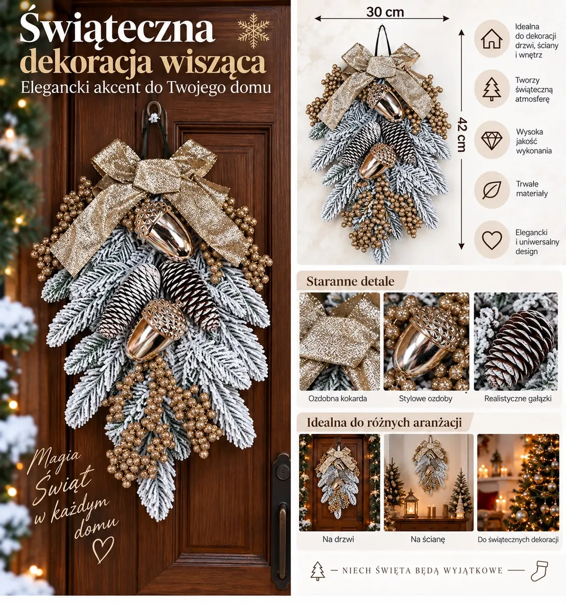 Świąteczna dekoracja wisząca z oszronionymi gałązkami, złotą kokardą i ozdobami na drzwiach