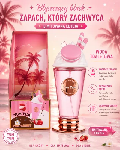 Różowa woda toaletowa Yum Yum 200ml w opakowaniu koktajlu z makaronikiem i słomką, limitowana edycja