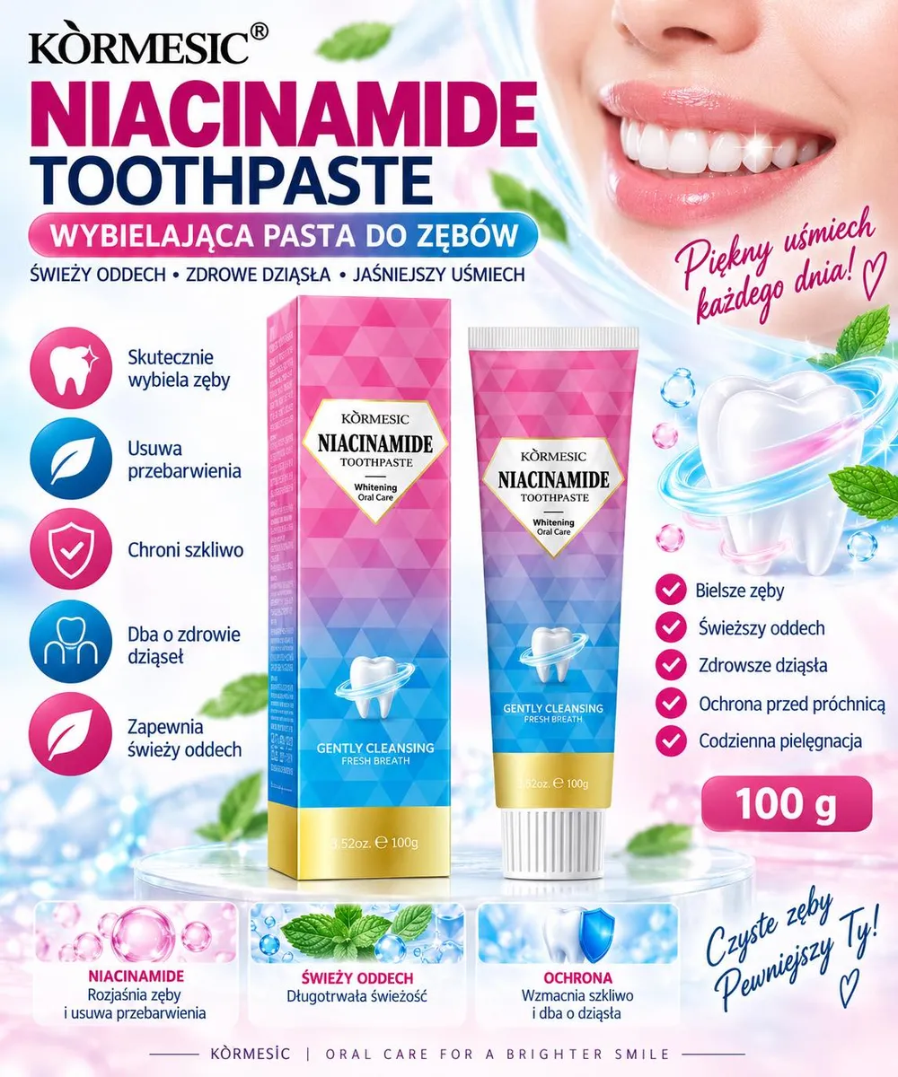 Opakowanie pasty do zębów KÒRMESIC Niacinamide Toothpaste 100 g w różowo-niebieskim gradientowym pudełku i tubce
