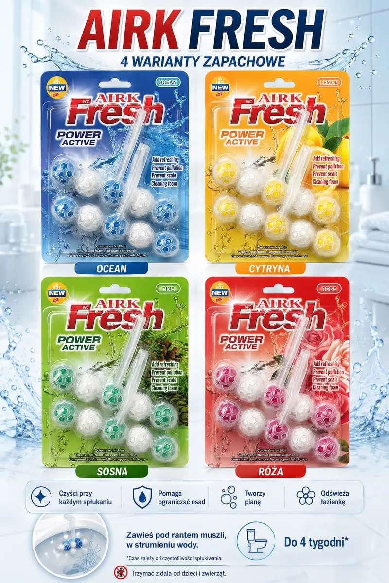 Zawieszki do WC AIRK Fresh Power Active w czterech kolorach: niebieskim, żółtym, zielonym i różowym na tle łazienki