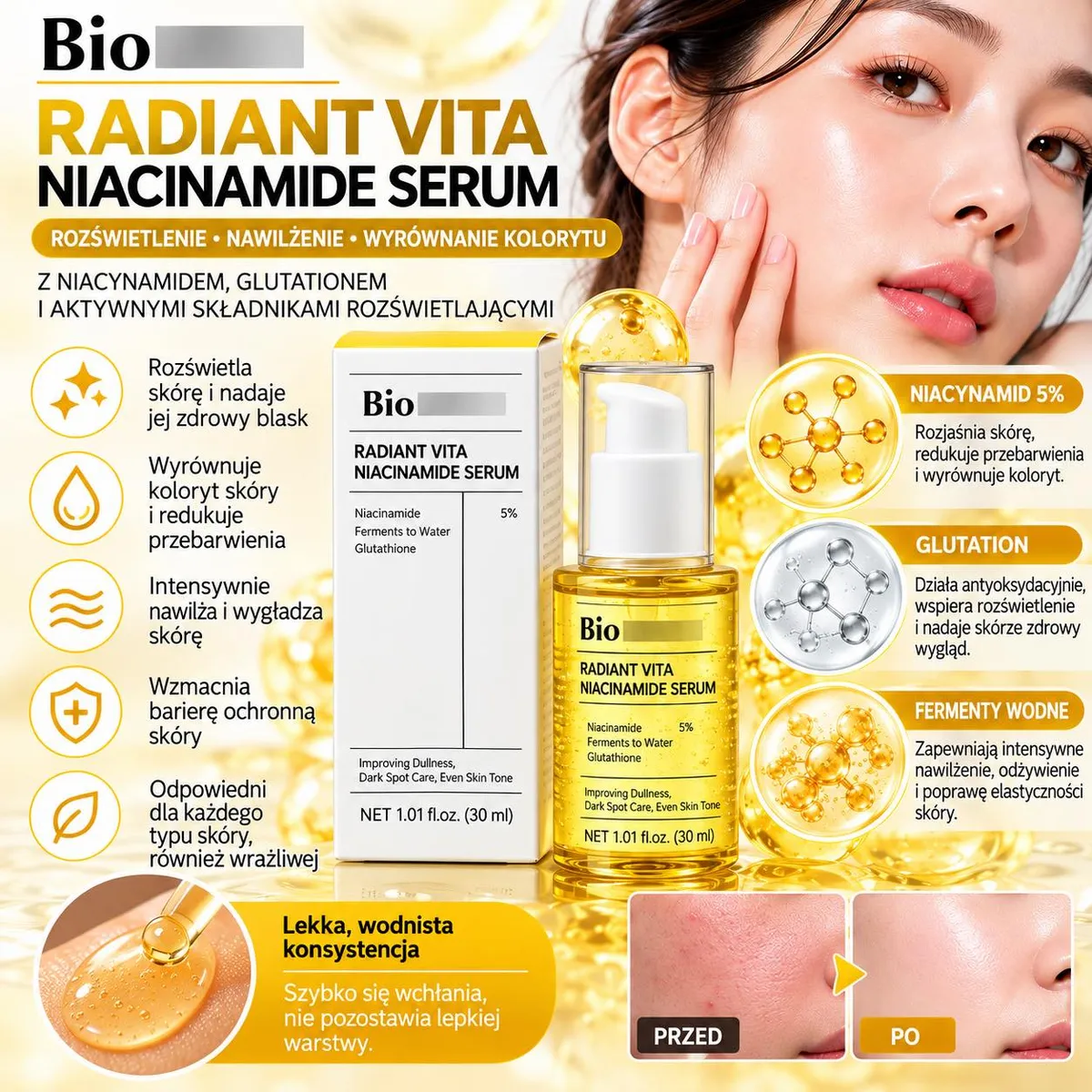 Butelka serum Radiant Vita Niacinamide 30 ml z pompką i opakowanie, opis działania i składników