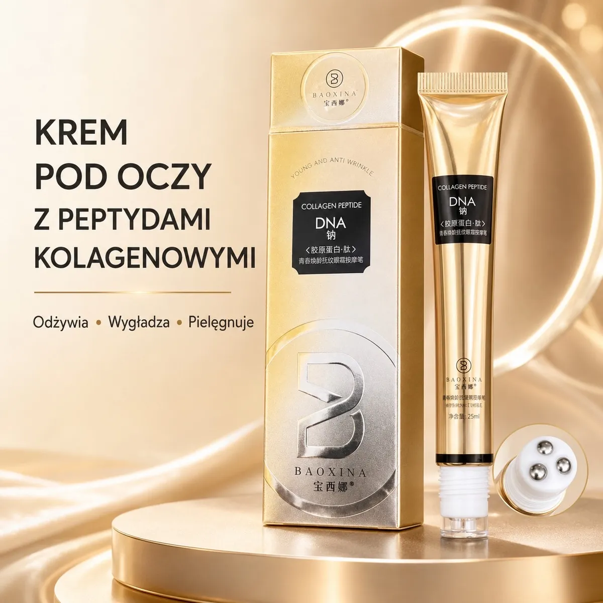 Złoty krem pod oczy DNA z peptydami kolagenowymi i aplikatorem z metalowymi kuleczkami