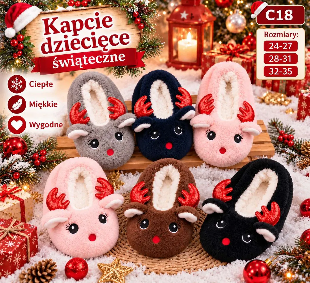 Świąteczne kapcie dziecięce w różnych kolorach z rogami renifera i puszystym wnętrzem