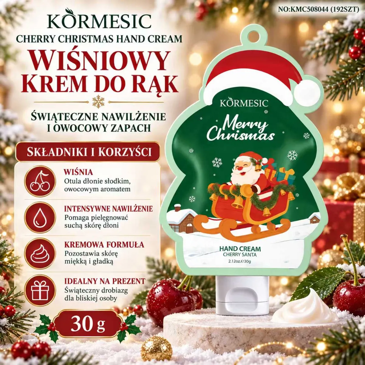 Wiśniowy krem do rąk Körmesic w świątecznym opakowaniu z Mikołajem i czerwonym czapeczką