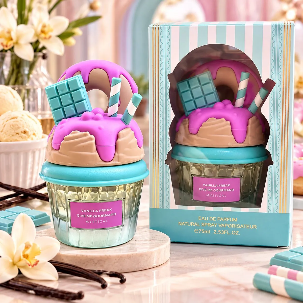 Perfumy vanilla freak 75ml w szklanym flakonie z dekoracją deseru i kartonowym opakowaniu