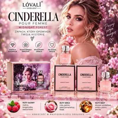 Zestaw dwóch perfum Cinderella Pour Femme Midnight Forest w różowym opakowaniu z motywem kwiatów i kobiety