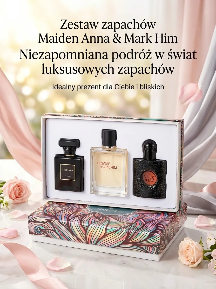 Zestaw trzech perfum 3x30ml w ozdobnym pudełku z kolorowym wzorem, flakony czarny i przezroczysty