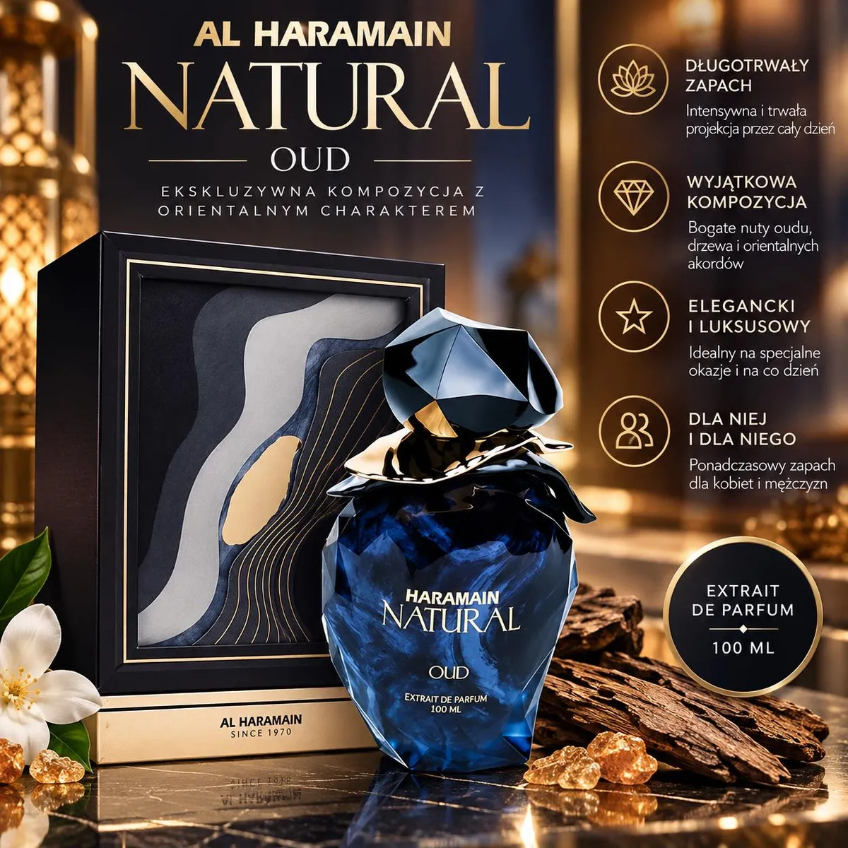 Granatowy flakon perfum Al Haramain Natural Oud 100 ml z eleganckim czarno-złotym opakowaniem