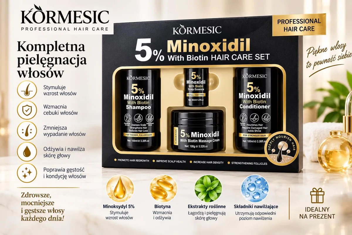 Zestaw kosmetyków KORMESIC Minoxidil 5% z Biotyną: szampon, odżywka, krem do masażu i esencja w czarno-złotym opakowaniu