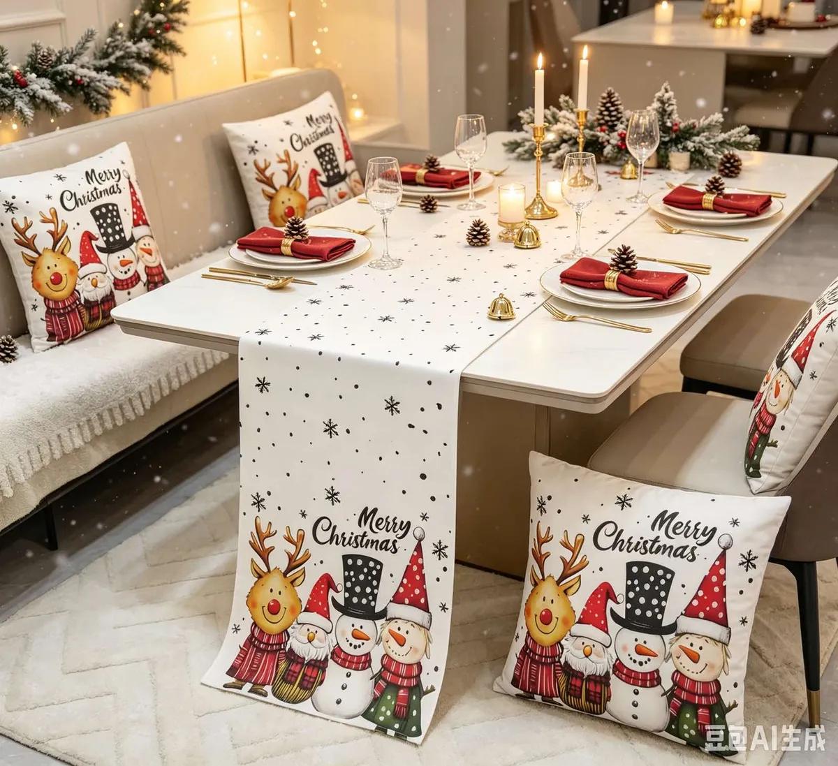 biały bieżnik welwetowy 40x90 cm z nadrukiem renifera i bałwanków Merry Christmas na stole świątecznym
