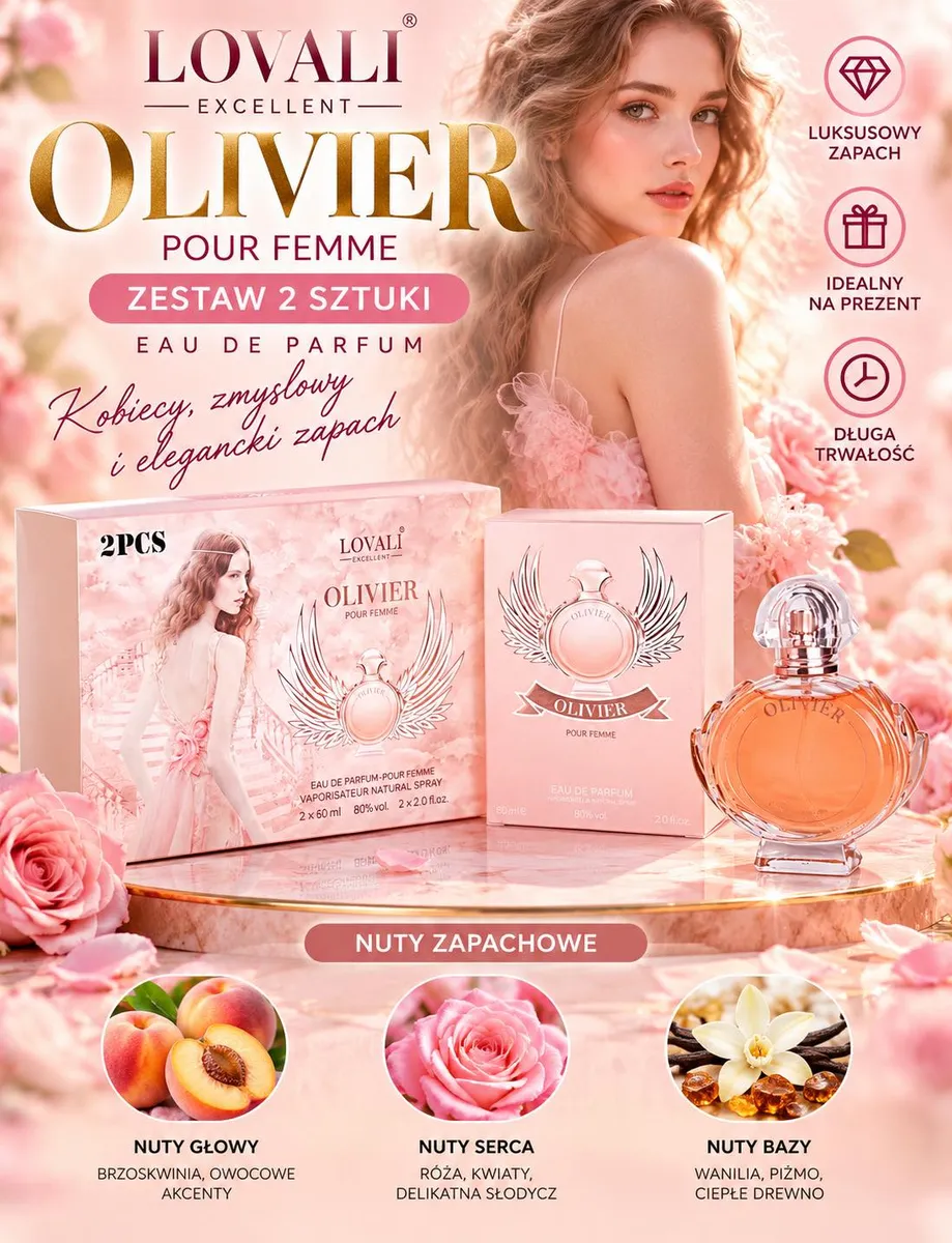 Zestaw dwóch perfum damskich Lovali Olivier 2x50ml w różowo-złotym opakowaniu z motywem kwiatów i kobiety