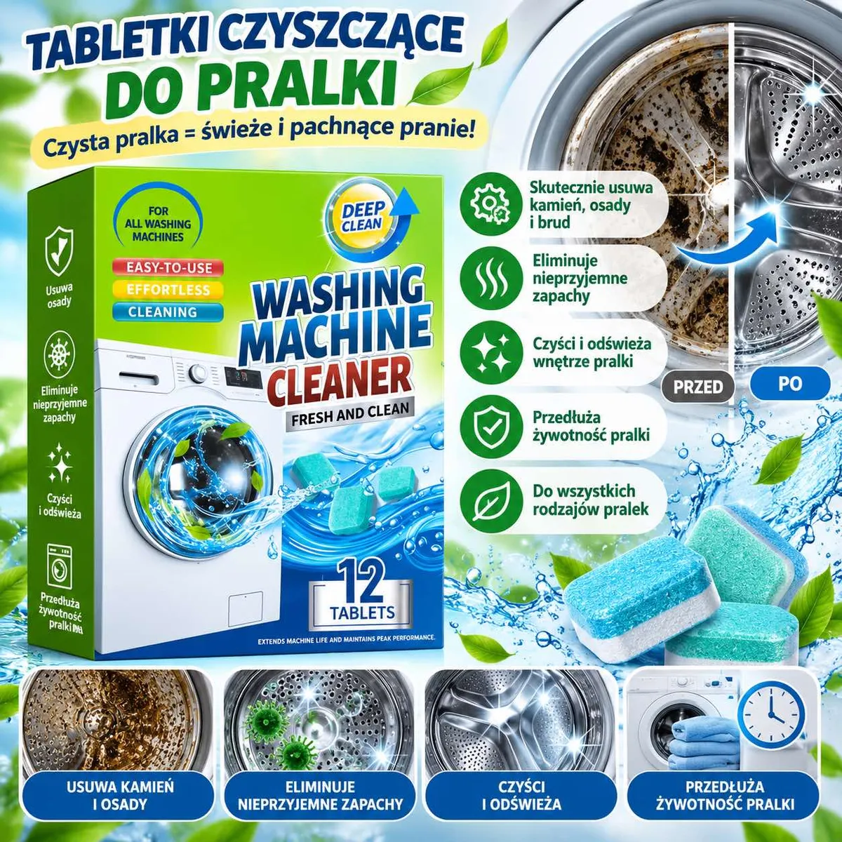 Opakowanie tabletek czyszczących do pralki z ilustracją pralki i efektu przed i po czyszczeniu