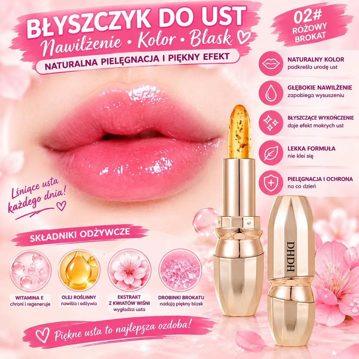 Błyszczyk do ust z różowym brokatem 02# DHDH efekt połysku