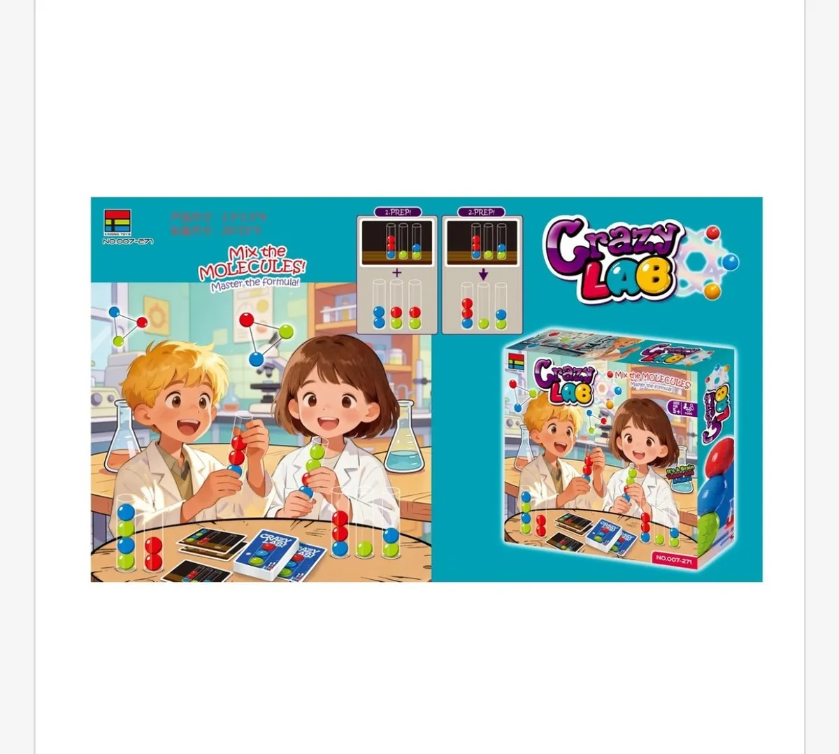 Opakowanie zabawki edukacyjnej Crazy Lab z kolorowymi kulkami i ilustracją dzieci w fartuchach