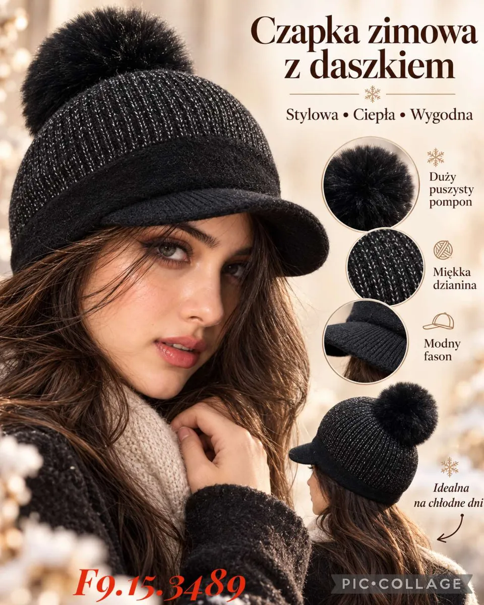 czarna czapka zimowa z daszkiem i dużym puszystym pomponem na głowie modelki