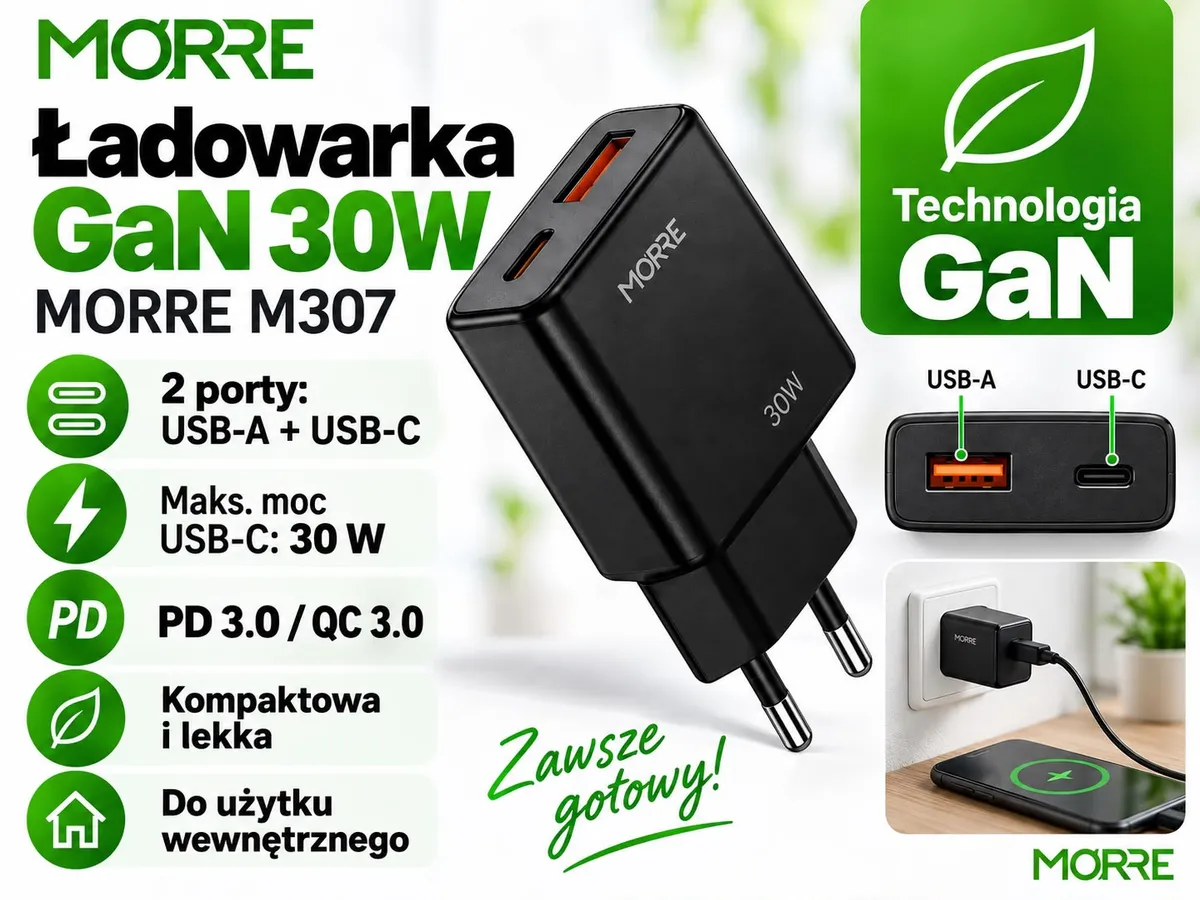 czarna ładowarka sieciowa MORRE M307 z portami USB-A i USB-C, widok z boku i w użyciu