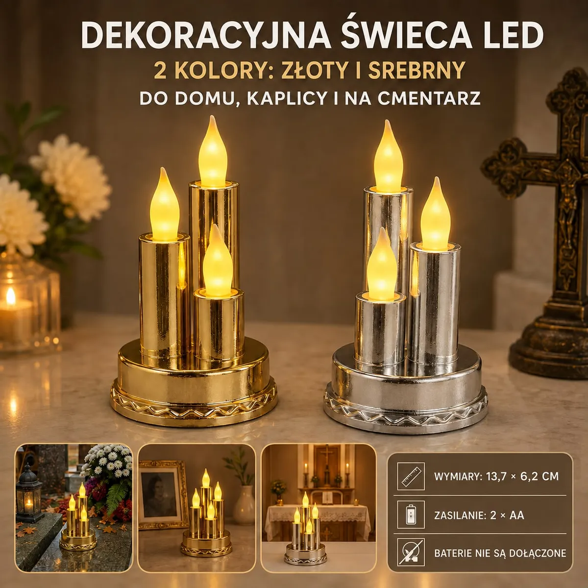 Dekoracyjne świece LED w kolorze złotym i srebrnym z trzema płomieniami na marmurowym blacie