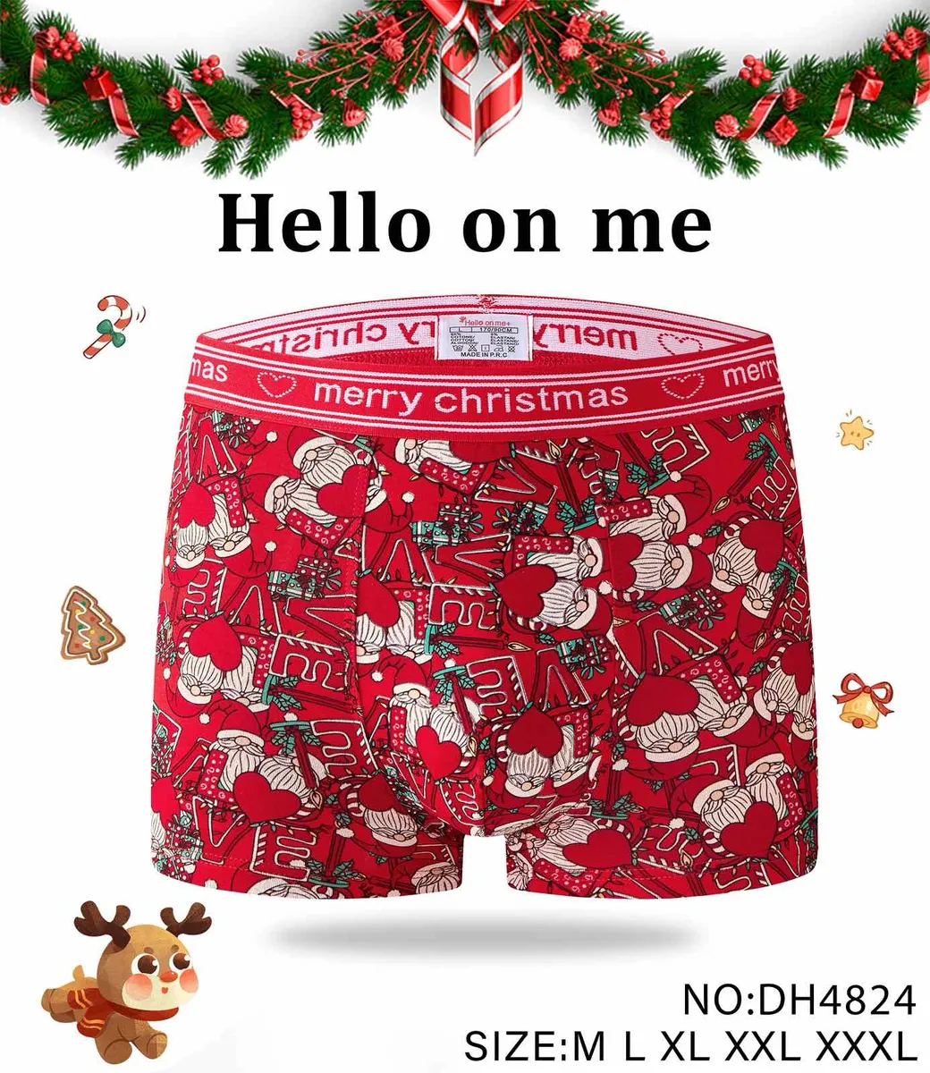 czerwone bokserki męskie z nadrukiem Mikołaja i serc, elastyczny pas merry christmas