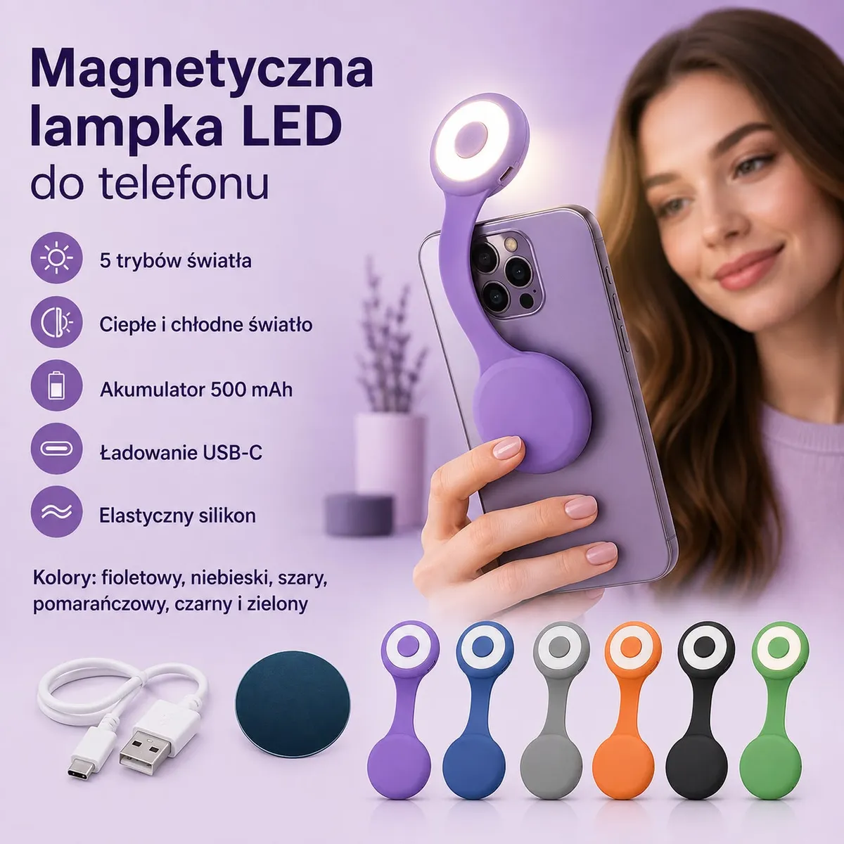 Magnetyczna lampka LED do telefonu w sześciu kolorach z kablem USB-C i uchwytem magnetycznym