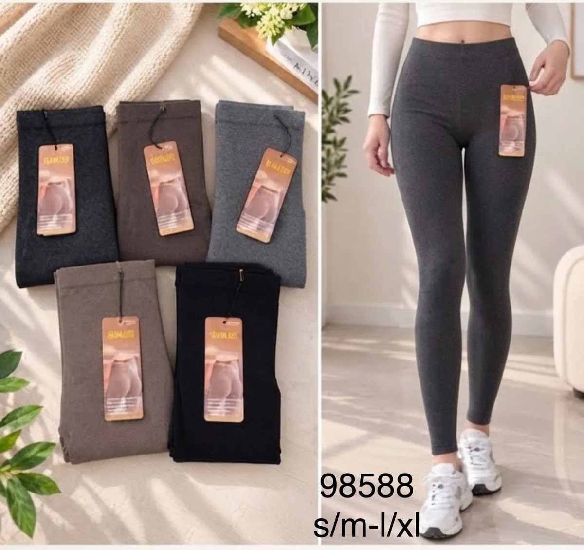 Legginsy damskie w pięciu kolorach ułożone na stole oraz na modelce w jasnym pomieszczeniu
