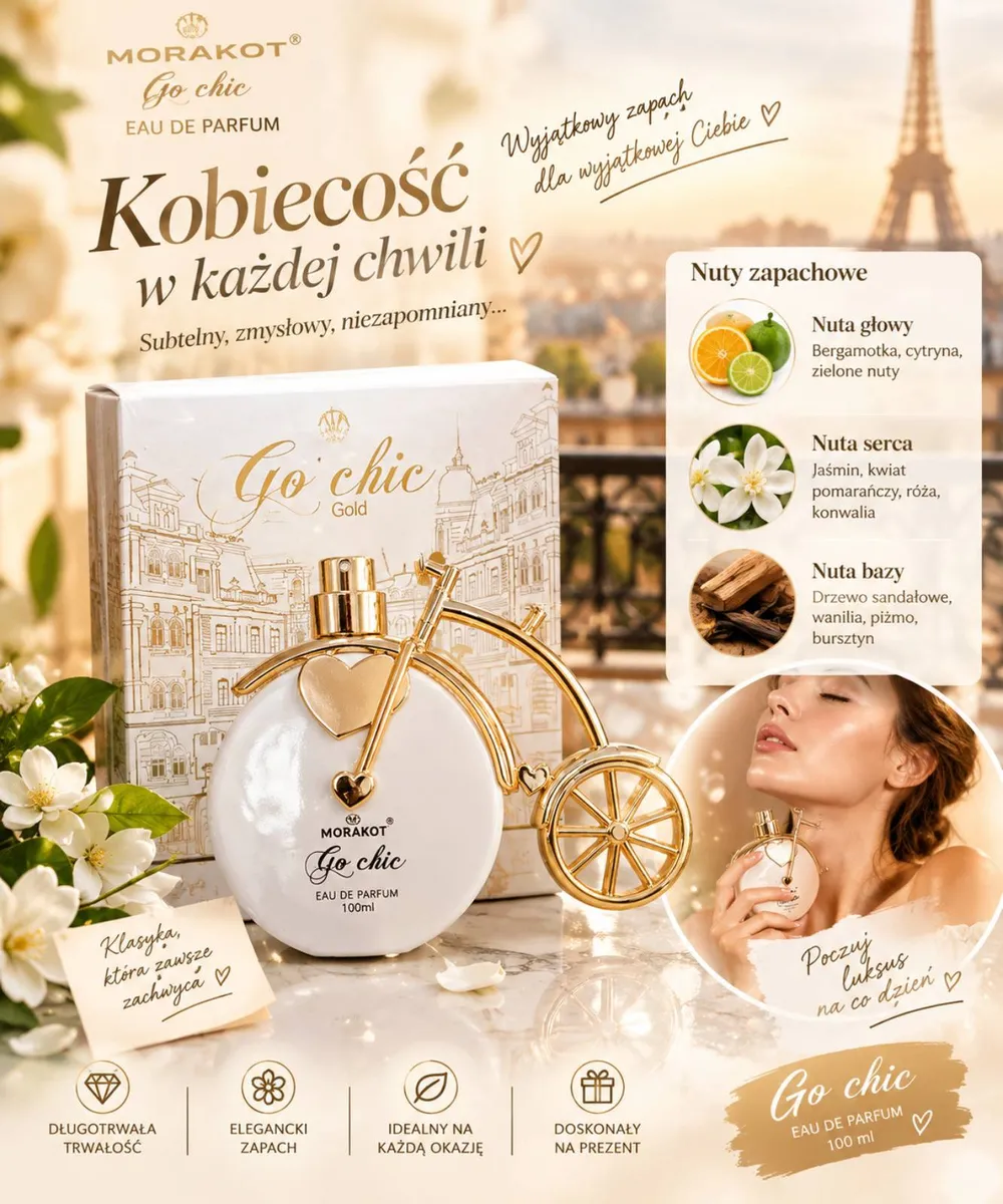 Butelka perfumu Go chic Gold 100 ml z złotym motywem roweru i jasnym opakowaniem