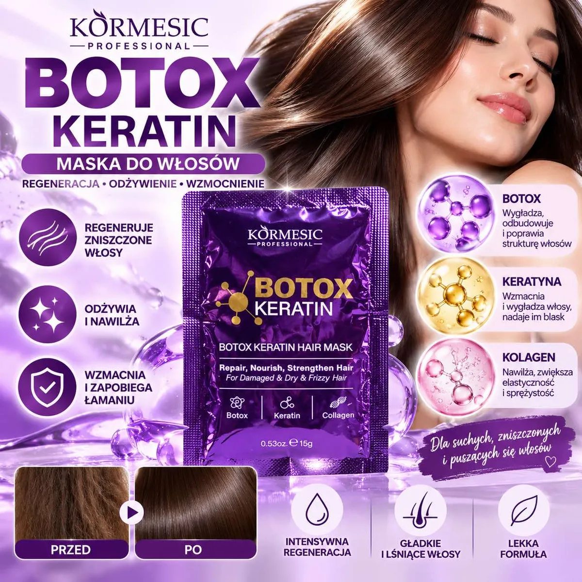 Fioletowe opakowanie maski do włosów KORMESIC PROFESSIONAL Botox Keratin 15 g z opisem działania i zdjęciem kobiety z gładkim