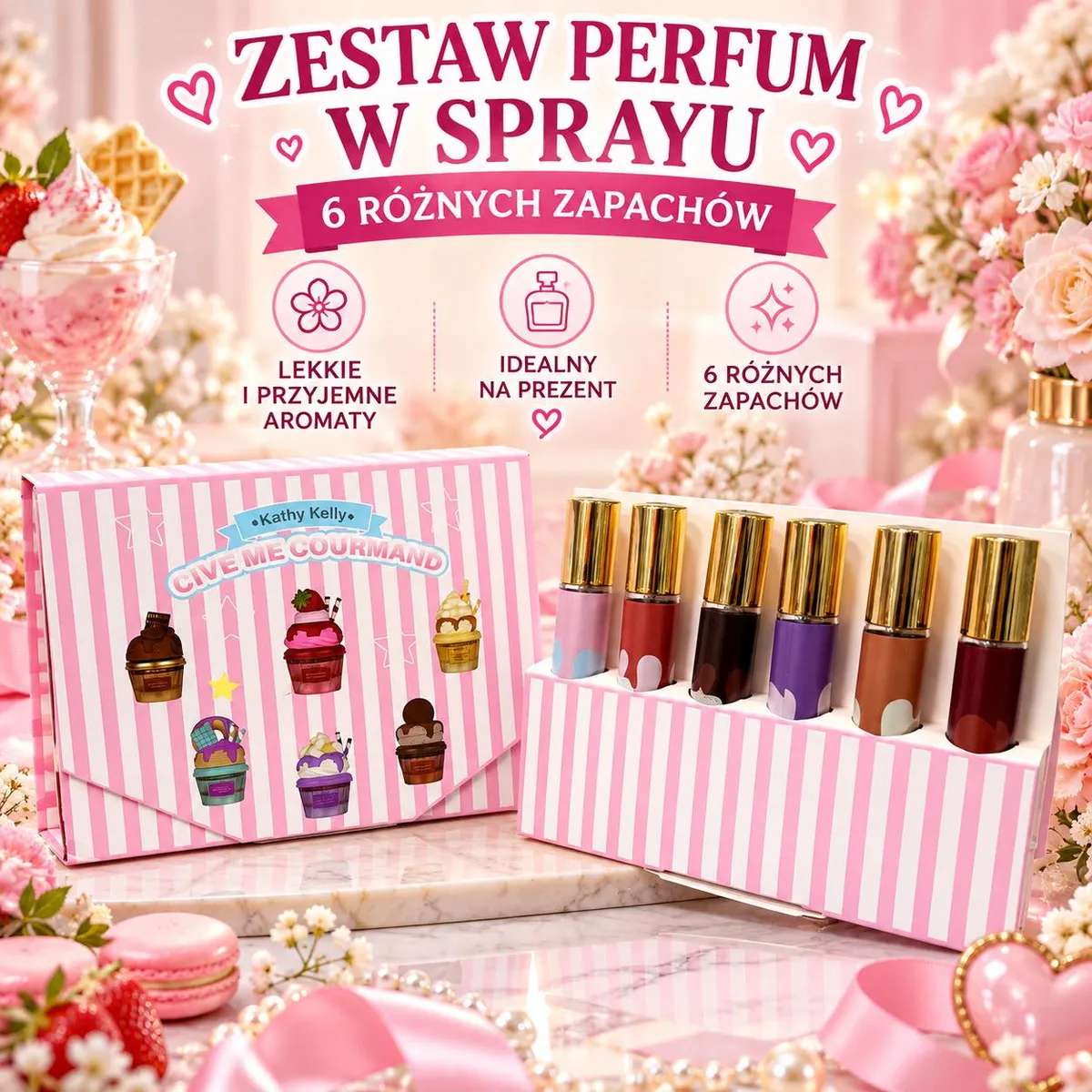 Zestaw sześciu perfum w sprayu w kolorowych buteleczkach z złotymi nakrętkami w różowo-białym opakowaniu z grafikami deserów