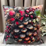 Poszewka na poduszkę świąteczna 40x40 cm z motywem szyszki i czerwonych ozdób