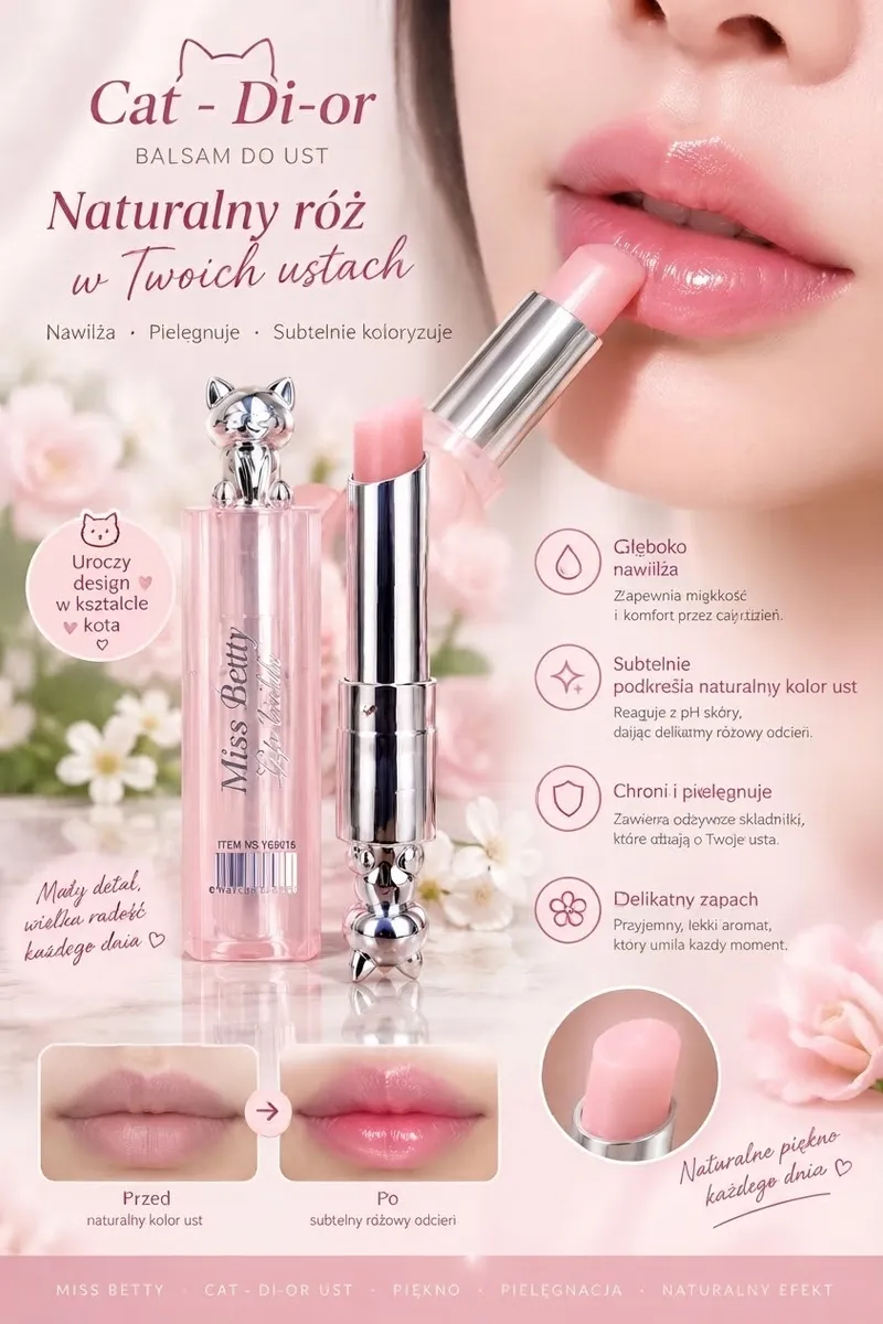 balsam do ust Miss Di-or w różowym opakowaniu z metalowym kotem, naturalny róż na ustach