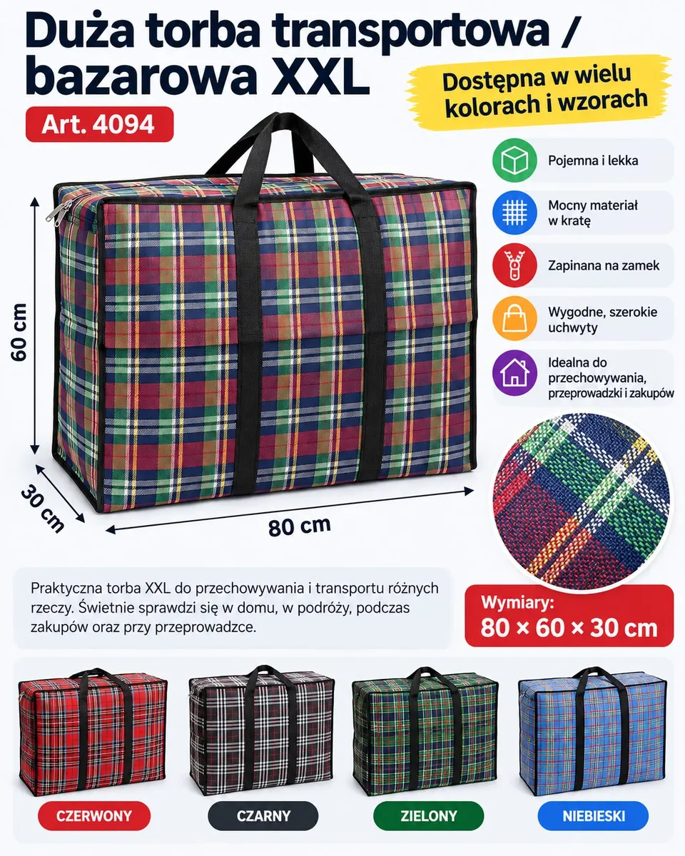 Duża torba transportowa w kratę XXL 80x60x30 cm z czarnymi uchwytami i zamkiem