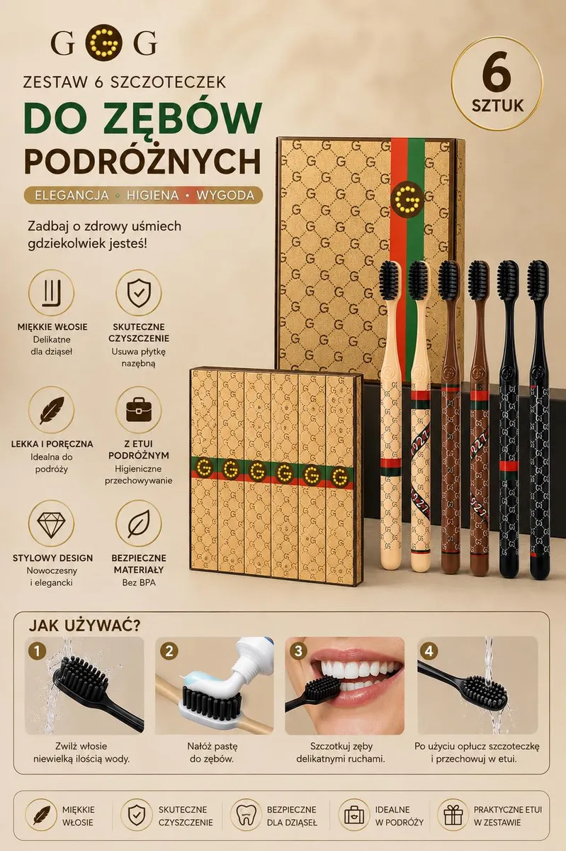 Zestaw 6 szczoteczek do zębów podróżnych w kolorach beżowym, brązowym i czarnym z etui