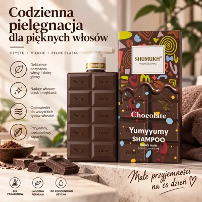 Opakowanie szamponu Chocolate 420 ml w kształcie tabliczki czekolady z kolorowymi wzorami i dozownikiem